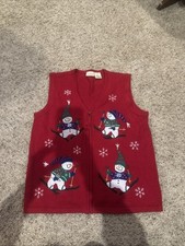 Vintage BOBBIE BROOKS Sweater Vest RED Christmas SNOWMEN Zip L