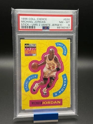 MICHAEL JORDAN 1996 COLLECTOR'S CHOICE STICK-UMS 2 #S30 - PSA 8