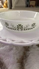 Vintage Glasbake 238 White Milk Glass Green Daisy Flowers Baking Casserole Dish
