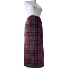 Vintage 00s Charter Club Petite Red, Gray Black Wool Blend Pencil Midi Skirt