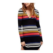 NWT Free People Rainbow Stripe Waffle Knit V-Neck Mini Dress OB710285 Black S