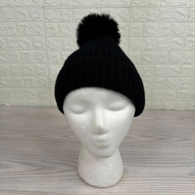 Hat Attack Acrylic Pom Pom Winter Beanie Hat Faux Fur Lined Ribbed Knit Black
