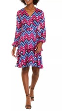 Tahari ASL V Neck Faux Wrap Multi Colored Chevron Dress Blouson Sleeve 12 Career