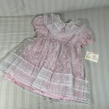 True Vintage Baby Girl 12M Sheer Lace Pink Dress Layered Polka Dots Ruffles X1
