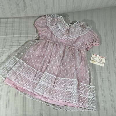 True Vintage Baby Girl 12M? Sheer Lace Pink Dress Layered Polka Dots  Ruffles X1 | eBay