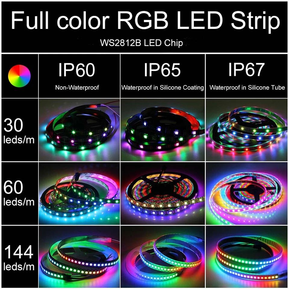 WS2812B LED Strip 5050 RGB 30/60/144LEDs/M ws2812 IC Individual Addressable DC5V - Image 3 of 4