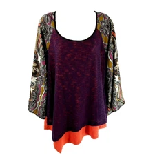 Poeme By Citron Size XL Mixed Print Knit Blouse Top Back Split Long Sleeve Boho