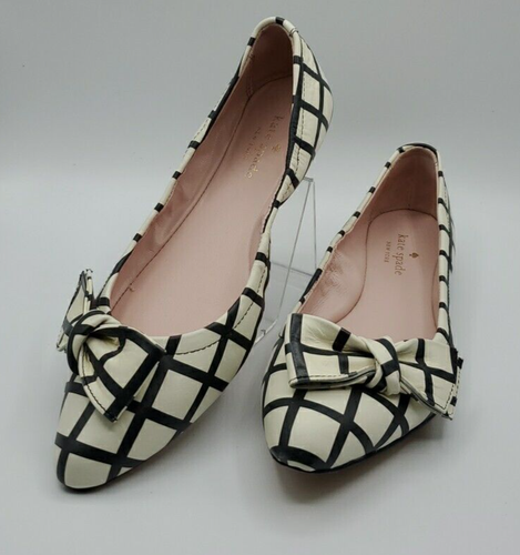 Kate Spade schwarz & weiß Suki Schleife spitz zulaufend Fensterscheibe kariert Ballerinas 7,5 M