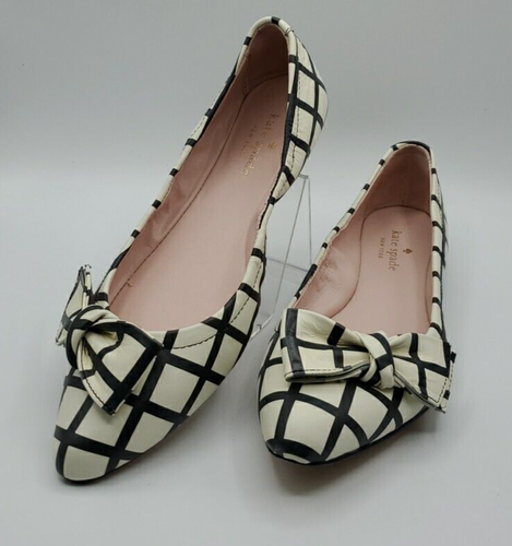 Kate Spade Black & White Suki Bow Pointed Toe Windowpane Plaid Ballet Flats 7.5M - Picture 1 of 14