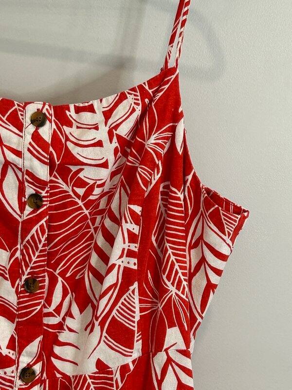 Old Navy Linen Blend Red Tropical Leaf Print Strappy Dress Midi Smocked New  XXL | eBay