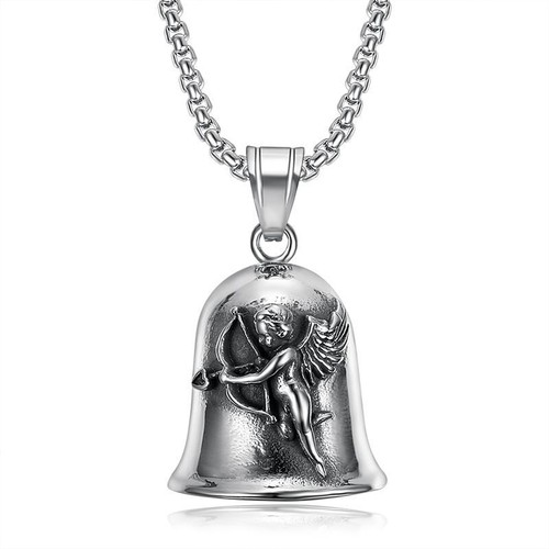 Biker Lucky Exorcism Bell Motorcycle Love Cupid Necklace Stainless Steel Men - Picture 9 of 9