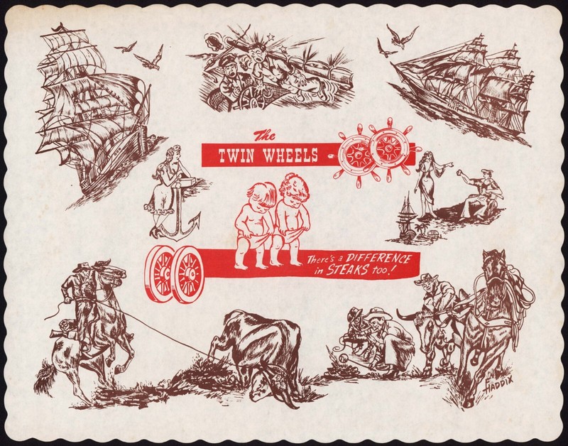 Vintage placemat THE TWIN WHEELS cowboys ships kids pictured Haddix artwork