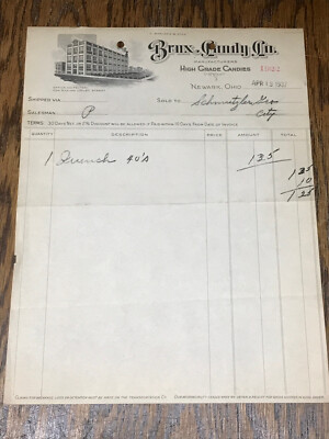 1937 Brux Candy Co. Manufacturers High Grade Candies Newark, Ohio Invoice