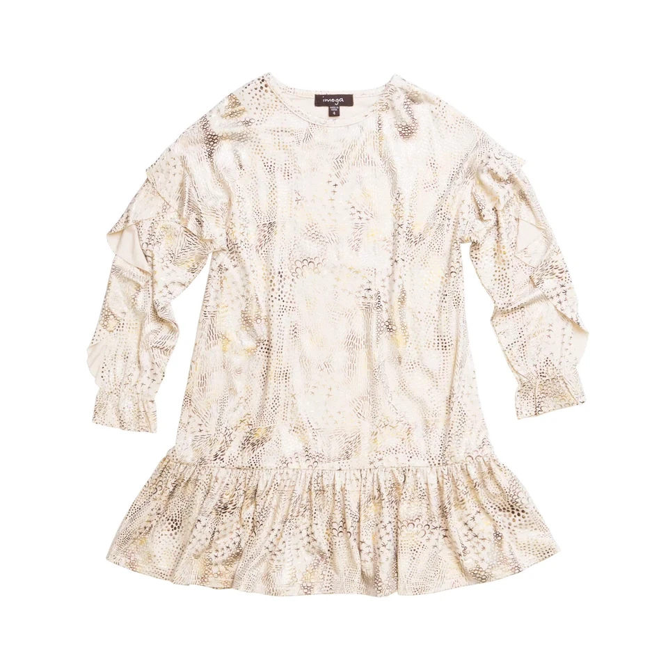 IMOGA GIRLS DRESS LISA ABSTRACT METALLIC PRINT BEIGE JERSEY RUFFLE LONG SLEEVE 7 - Image 2 of 4