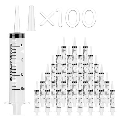 100 Pack 20mL Syringes Plastic Syringes with Catheter Tip and Cap Individuall...