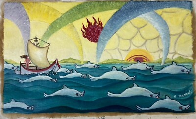 Naive Malerei Weiblicher Akt auf Schiff Fantasie mit Fischen Wale H. Tornow