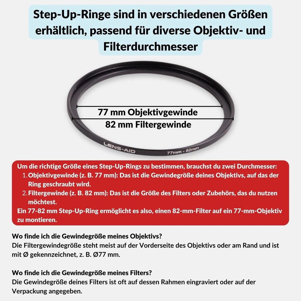 Step Up Ring 43 49 52 58 62 67 72 77mm Rund Filter Adapter Kamera Objektiv ND UV - Bild 4 von 4