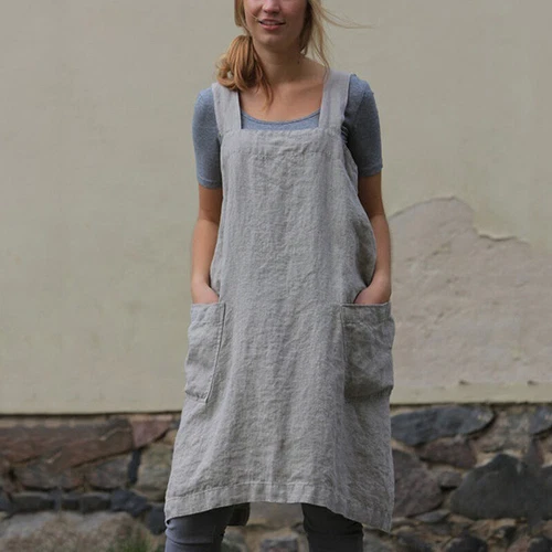 Damen Baumwolle Leinen Rückenschürze Kleid Damen Locker Hausmann Kochen Florist Neu - Bild 15 von 23