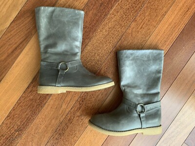 Garnet Hill Leather Harness Boots Girls 4 Grey Classic Italy Equestrian Moto Zip