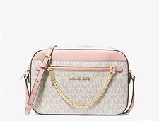 MICHAEL KORS JET SET ITEM LG LOGO SIGNATURE CROSSBODY BAG MK PINK/VANILLA