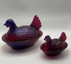 Indiana Glass Hen On Nest 7” + Import Mini 4” Custom Painted Raspberry ...
