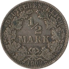Kaiserreich J.016 1909 D Kleinm&uuml;nze 1/2 Mark Silber*
