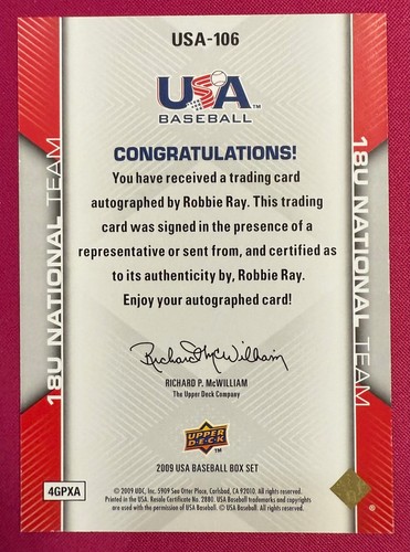2009 Upper Deck USA Baseball Box Set #USA-106 Robbie Ray Prospect Auto - Picture 2 of 2