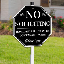 Metal No Soliciting Yard Sign with Stake, 10" x 28", Black and White