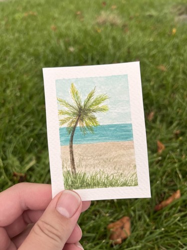 ACEO Original, Beach Palm Tree Ocean Seascape 2.5”x3.5in Watercolor Mini Art