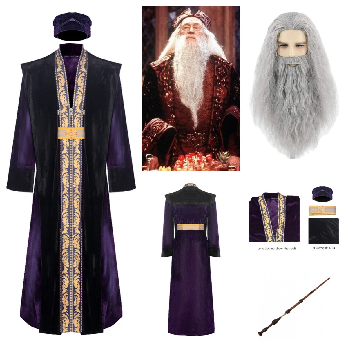 Harry Potter Albus Dumbledore Púrpura Mago Bata Trajes/Pelucas+Barba/Juegos de Pareja