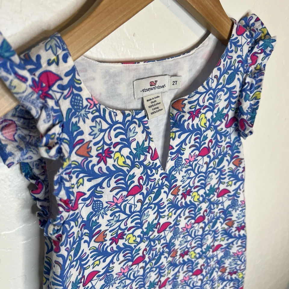 Vineyard Vines Shift Dress Toddler Size 2 Flamingo Blue Pink Ruffles Preppy - Image 2 of 4