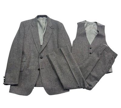 vtg Gray Fleck 40L 34x31 Heavy Tweed 3pc Pant Suit Hacking Wool Vest Flat Front