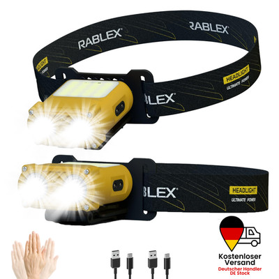 2x LED Headlamp USB-C Sensor Rechargeable Waterproof 6 Modes RABLEX