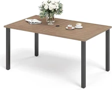 60" Patio Dining Table for 6,Teak Color Rectangle Patio Table with Umbrella Hole