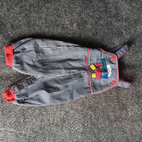 Vintage Health-Tex Baby Overalls 3 Months Blue Striped Train Embroidered