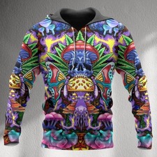Psychedelic Skull Mushroom Hoodie, Trippy Colorful 3D Print Unisex Pullover