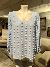 KORI AMERICA Blouse Womens Size S Tunic Light Blue Pom Pom Fringe Flowy Romantic