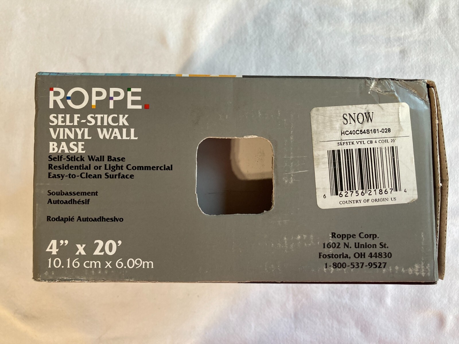 Roppe SelfStick Vinyl Wall Base 4” x 20’, Snow (White) HC40C54S161028