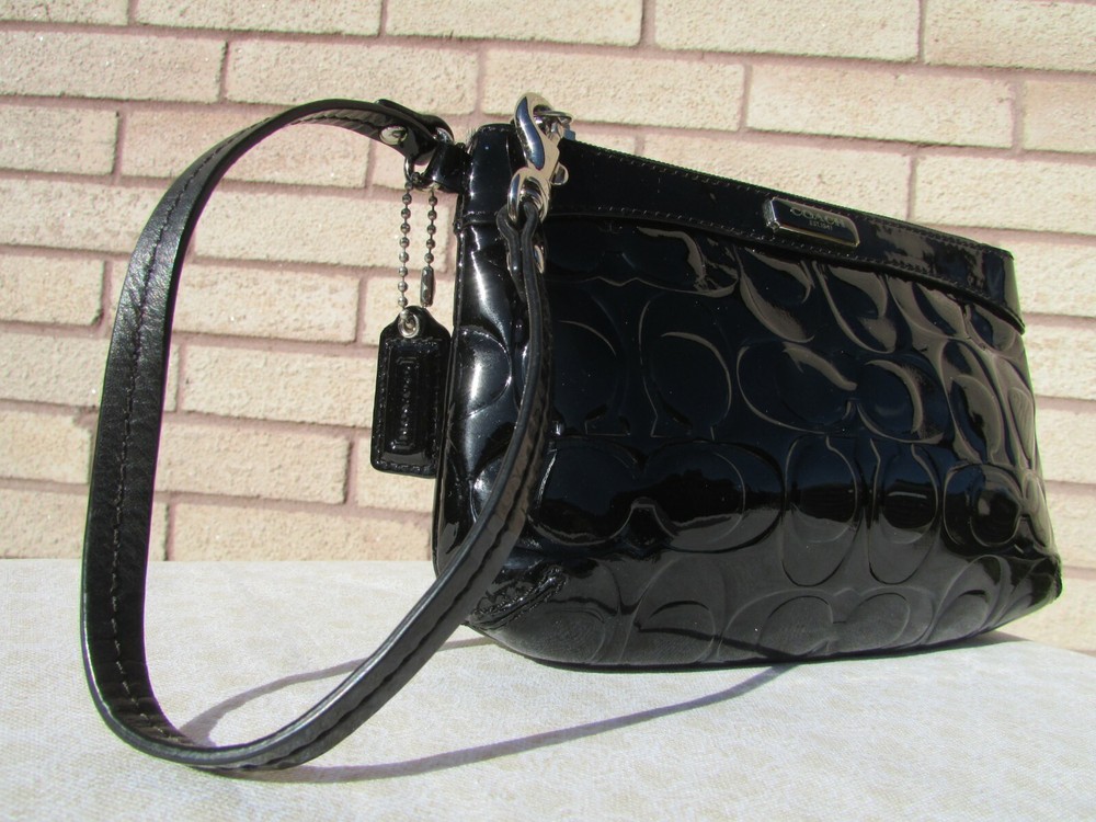 Coach 47207 Signature Black Embossed Leather Medium Wristlet 4 3/4