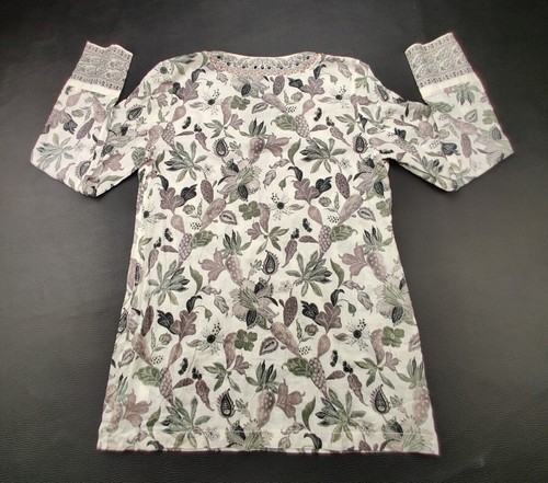 Tory Burch Embellished Botanical Print Tunic Sz 4 Floral Light Green/Tan Blouse - Picture 5 of 8