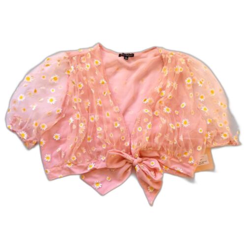 Smak Parlor Short Sleeve Crop Tie Front Pink Floral Daisy Sheer V-Neck XL Set - Afbeelding 1 van 12