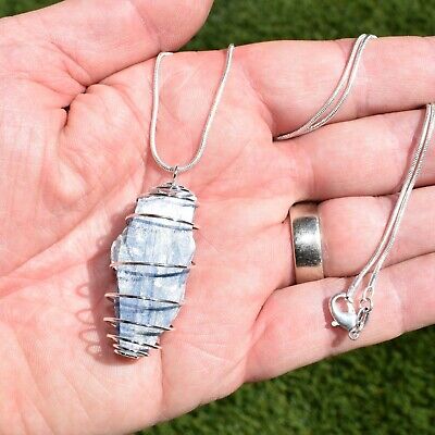 Charged Natural Brazilian Blue Kyanite Crystal Pendant 20" Silver Chain