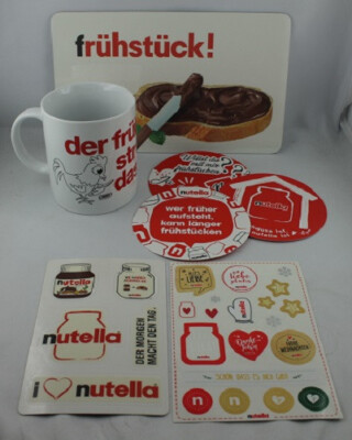 RAR!!! 7 TEILIGES NUTELLA SET - NUTELLA TASSE - BRETT - UNTERSETZER - STICKER
