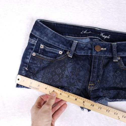 American Eagle Frayed Cutoff Denim Shorts Womens 8 Blue Tribal Aztec Boho Y2K - Picture 6 of 10