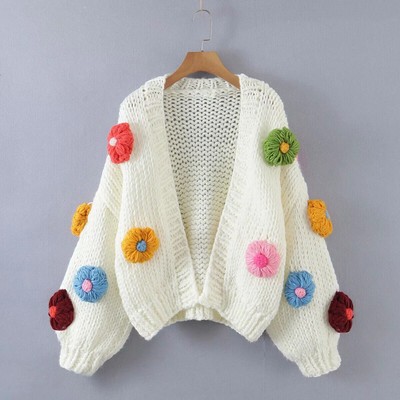 Handmade Flower Long Sleeve Knitted Cardigan Women