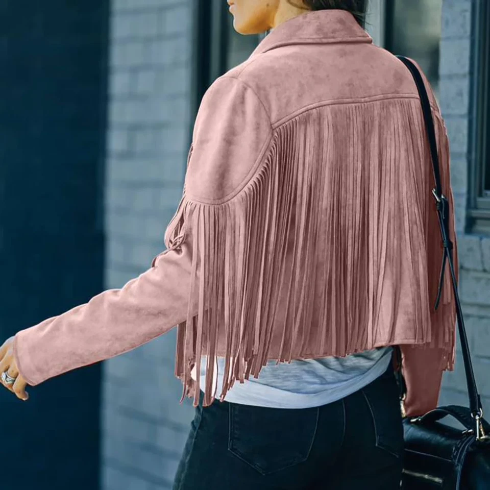 Pink Fringe Leather Jacket Women Suede Biker Moto Custom Made Size S M L XL XXL - Image 4 of 4