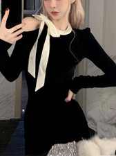 Elegant Bow Bodycon Black Dress Women Casual One Piece Dress  Spring Long Sleeve