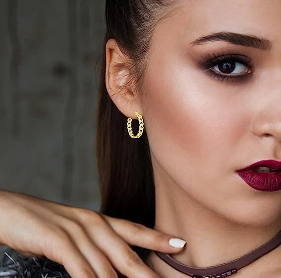 Pendientes de aro Huggie italianos de plata de ley 925 de 20 mm con cadena de bordillo para mujer Foto 4 de 4