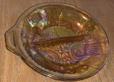Vintage Indiana Marigold Carnival Glass Divided Relish Nut Dish Candy Bowl