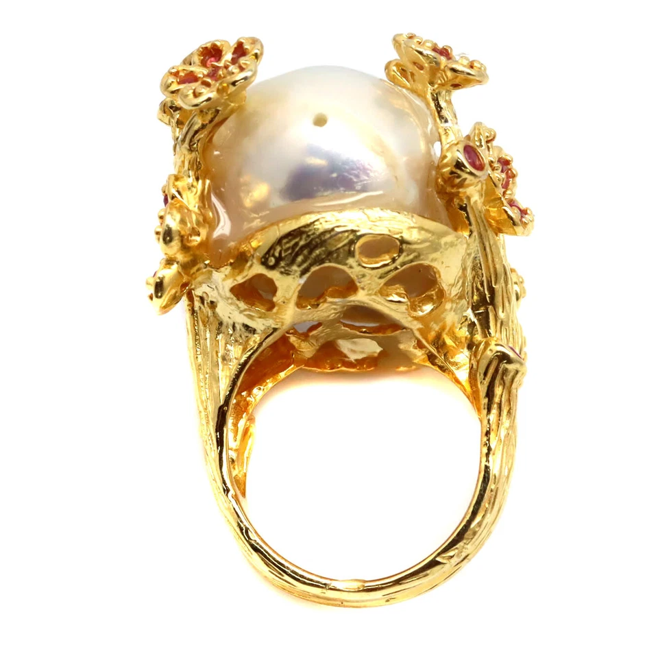 925 Sterling Silver White Baroque Pearl & Red Ruby Jewelry Ring Size 5.75 - Image 3 of 4